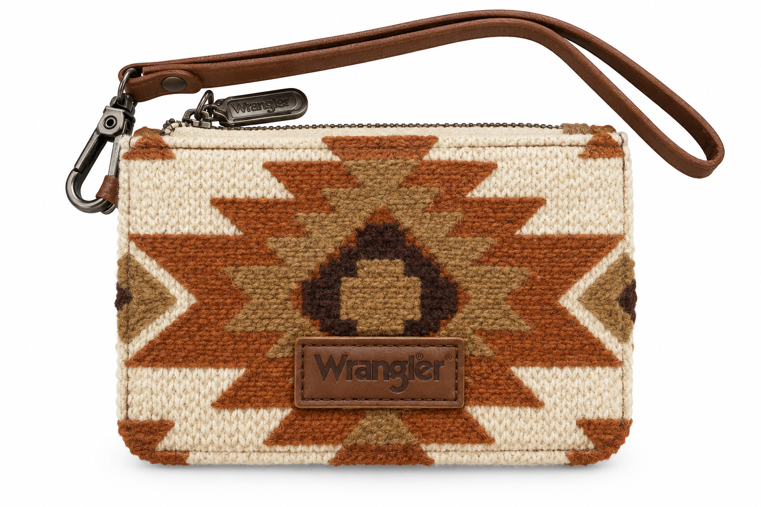 Trestles Clothing Company Aztec print canvas and PU leather card wallet with a brown wrist strap and Wrangler logo.